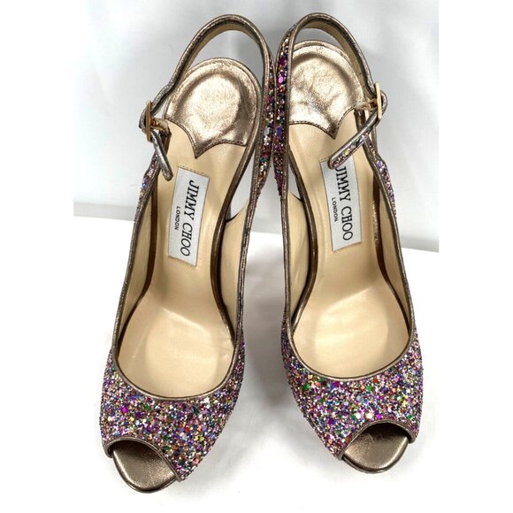 Jimmy Choo CLUE Glitter Gold Slingback Platform Open Toe Sandals Shoes Sz 38.5 - Picture 16 of 16